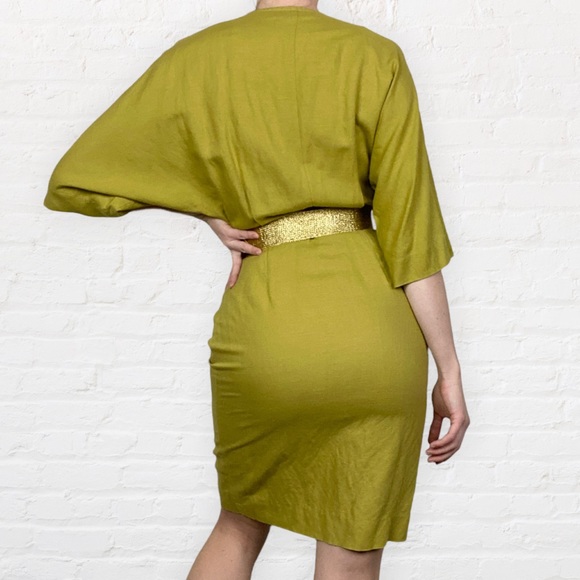 VINTAGE | 1980’s Barbara Barbara Sheen Green Linen Blend Parisian Wrap Dress - Picture 10 of 12